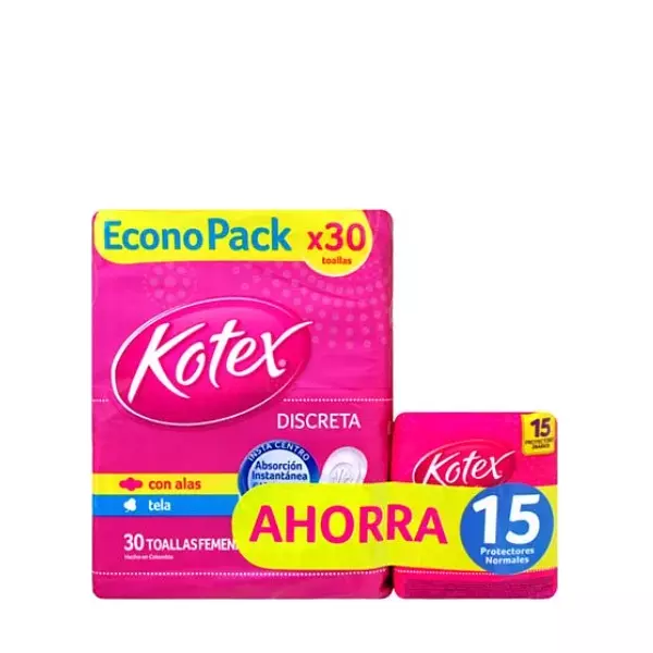 Toallas Kotex Discreta Tela x 30 + Protectores 15